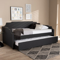 Baxton Studio Ally-Charcoal Grey-Daybed Ally Modern and Contemporary Charcoal Fabric Upholstered Twin Size Sofa Daybed with Roll Out Trundle Guest Bed